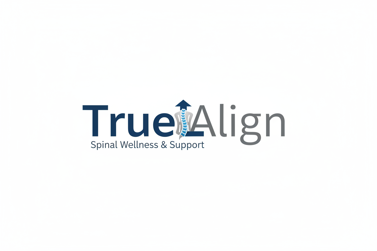 make a logo with the words TrueAlign incorperating a back brace on the L